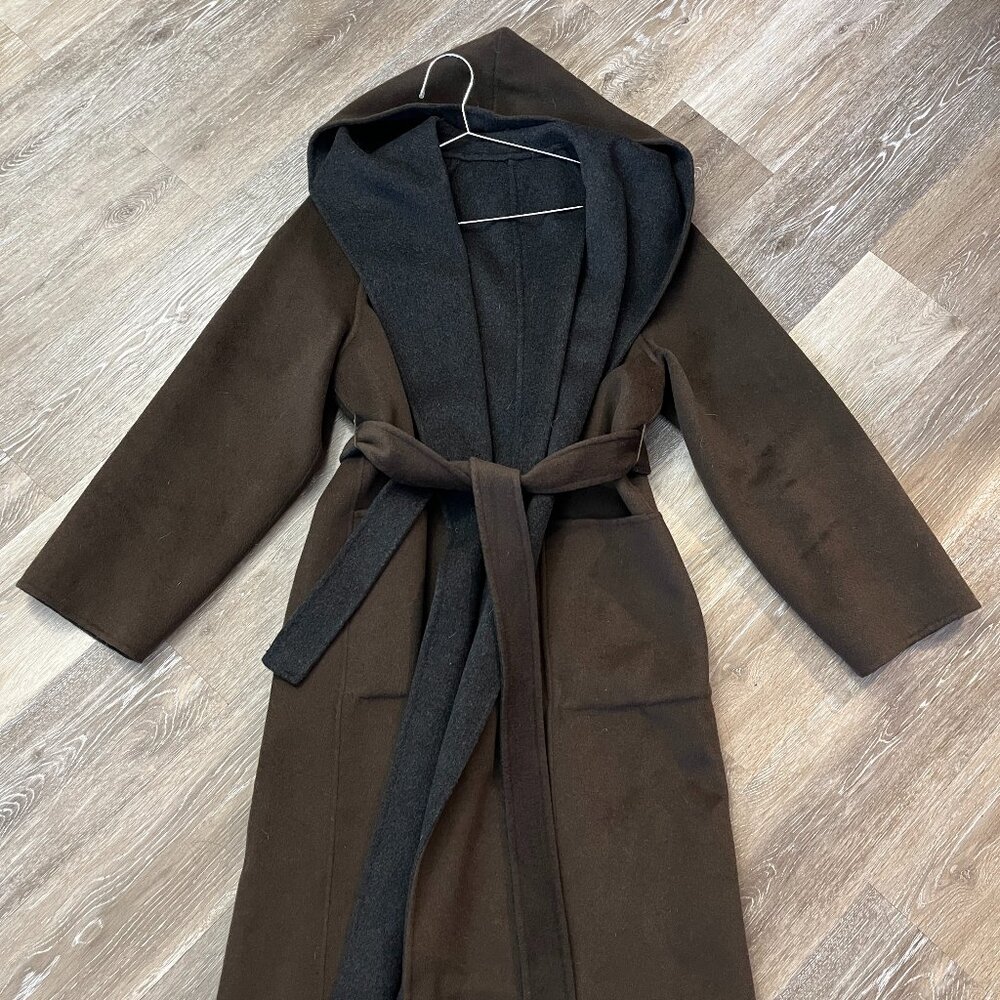 Cashmere Wool Blend Belted Hooded Coat, Deep Brown / Dark Gray, SMALL/MEDIUM